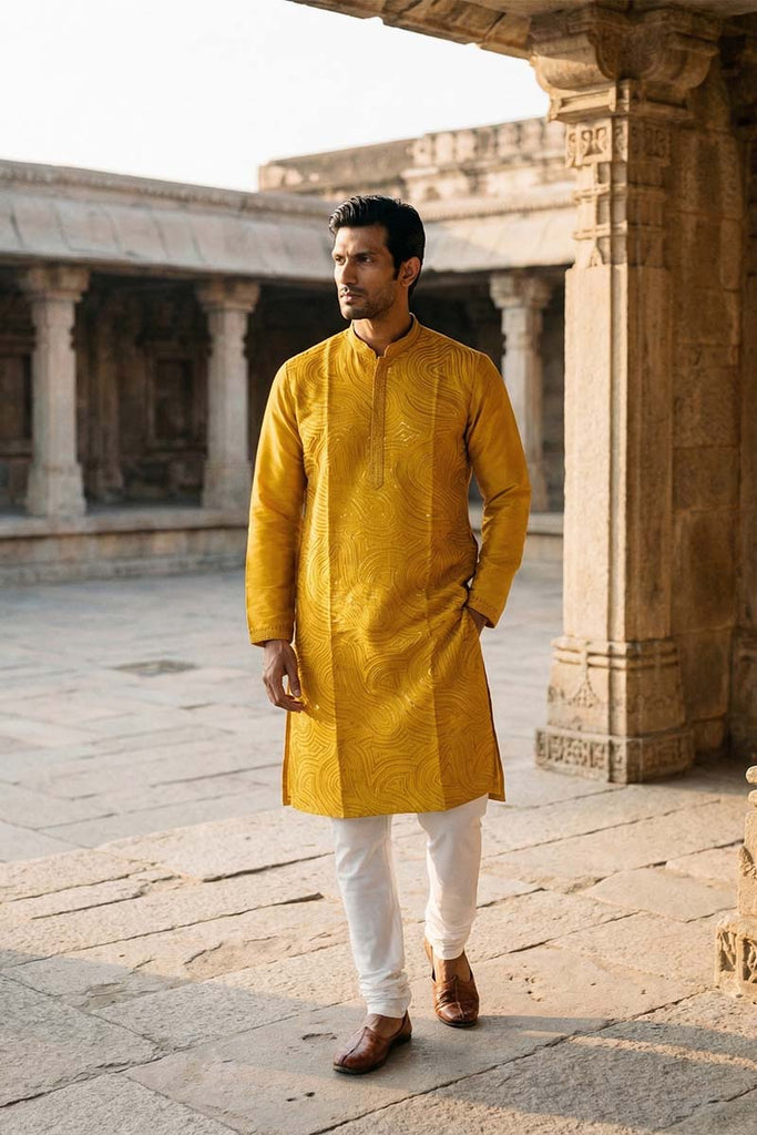 Yellow Silk Blend Embroidered Straight Kurta MKU2073