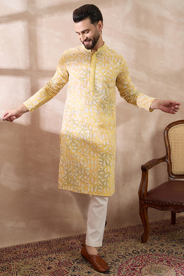 Yellow Viscose Rayon Solid Printed Straight Kurta With Trouser MKSET1657