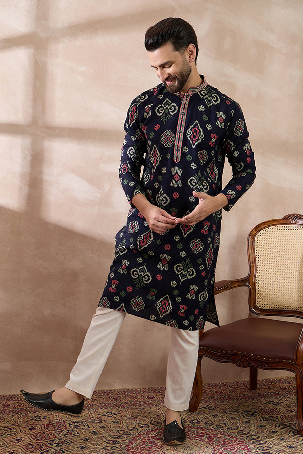 Blue Silk Blend Printed Mandarin Collar Straight Kurta MKU1987