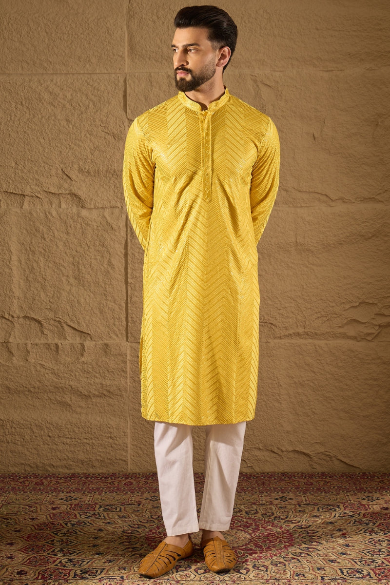 Yellow Viscose Rayon Solid Embroidered Straight Kurta MKU1204