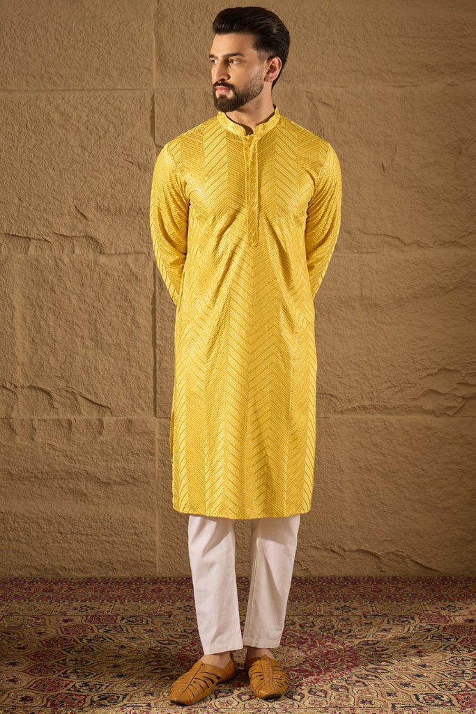 Yellow Viscose Rayon Solid Embroidered Straight Kurta MKU1204