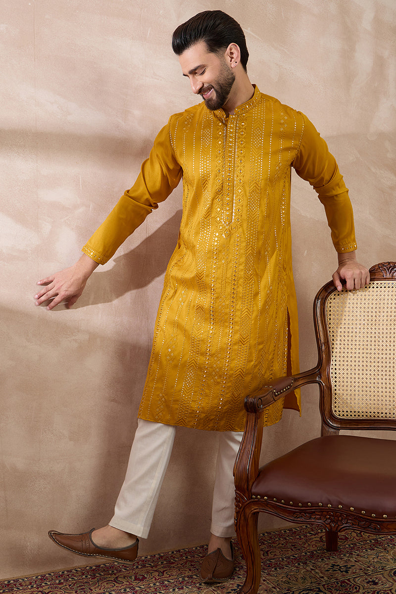 Mustard Silk Blend Embroidered Mandarin Collar Straight Kurta With Trouser MKSET1888