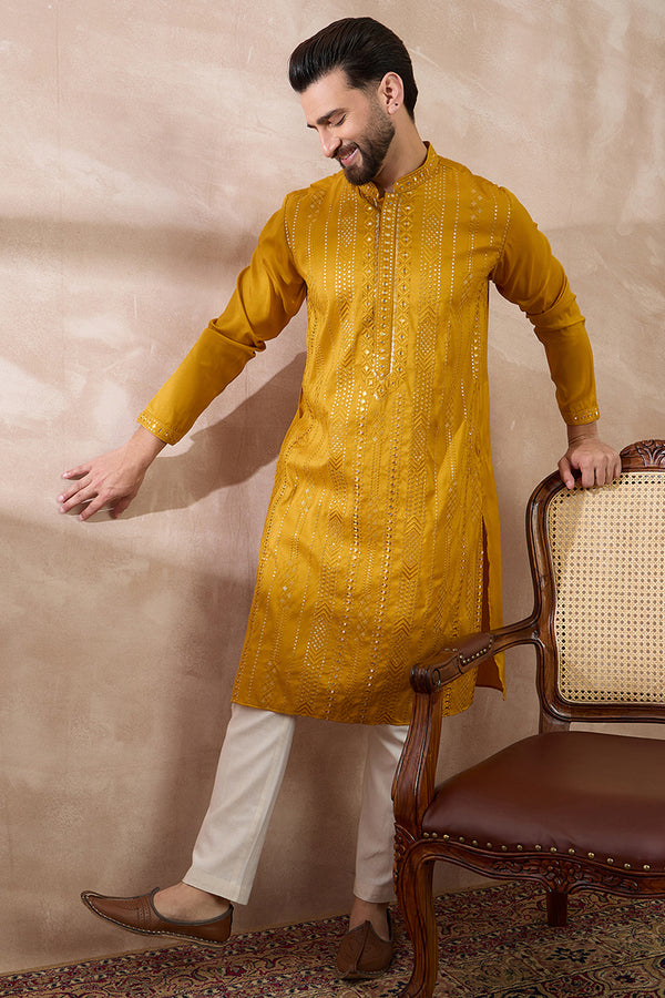 Mustard Silk Blend Embroidered Mandarin Collar Straight Kurta With Trouser MKSET1888