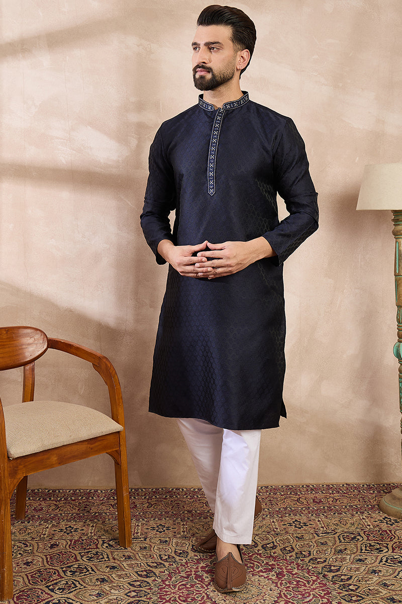 Navy Blue Silk Blend Solid Woven Design Straight Kurta With Trouser MKSET1853