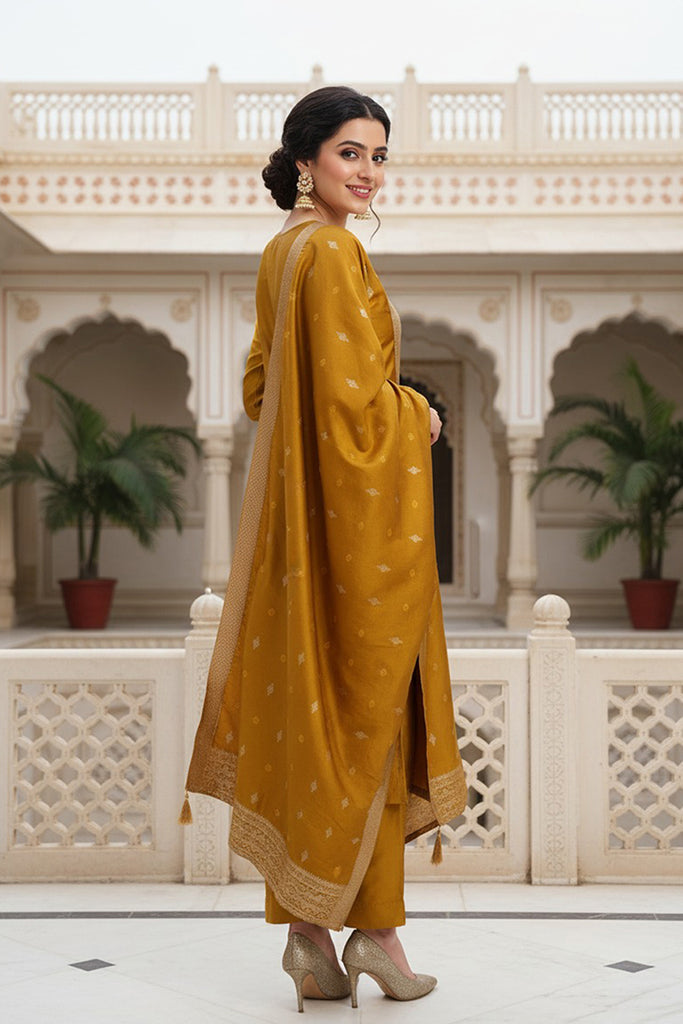 Mustard Silk Blend Ethnic Motifs Woven Design Straight Suit Set PKSKD2406