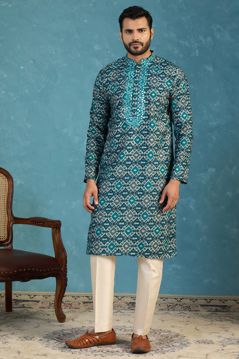 Sea Green Silk Blend Ethnic Motifs Ikat Printed Kurta MKU1893