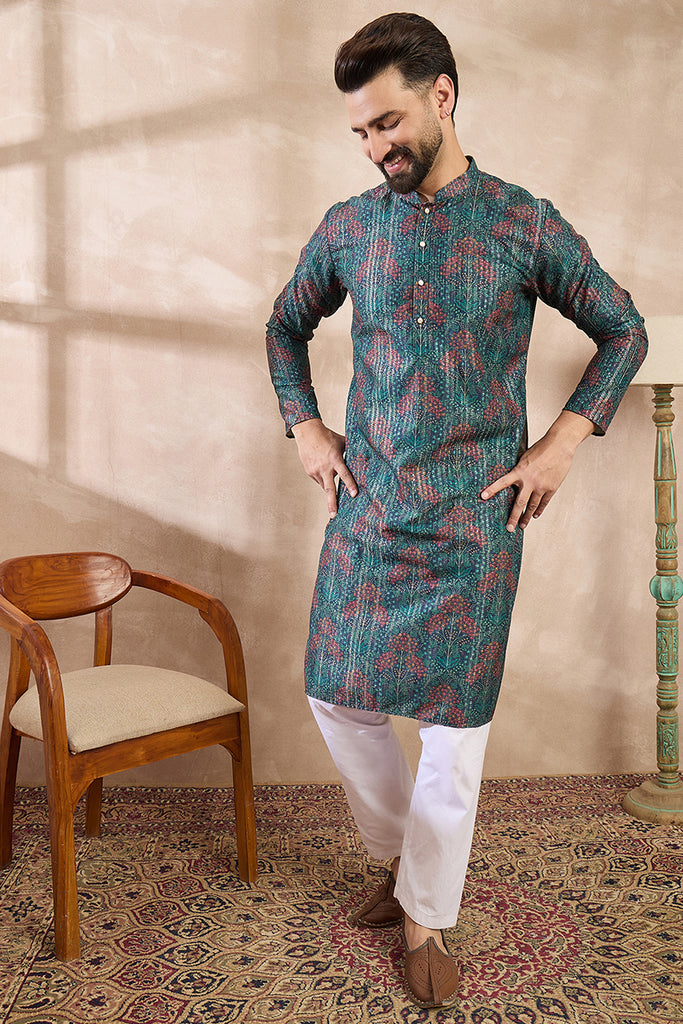 Blue Silk Blend Floral Printed Straight Kurta MKU1974