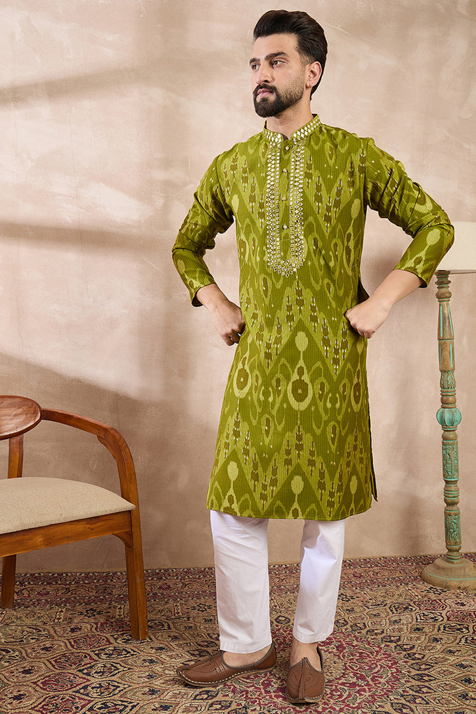 Green Viscose Rayon Chevron Printed Straight Kurta MKU1965