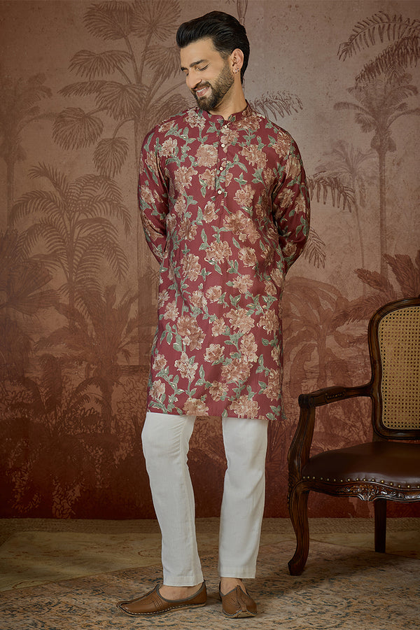 Maroon Silk Blend Floral Printed Kurta With Trouser MKSET2541
