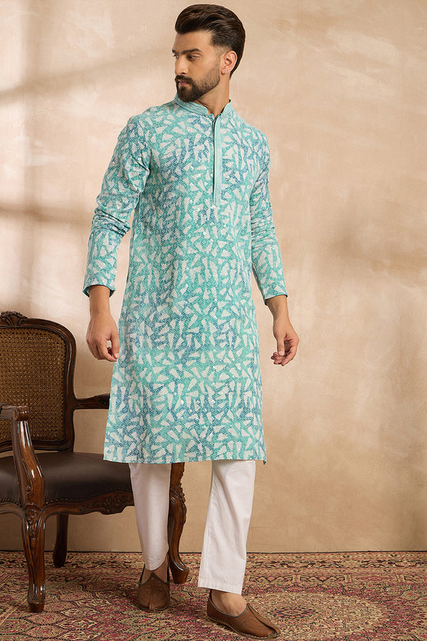 Teal Viscose Rayon Solid Printed Straight Kurta With Trouser MKSET1655