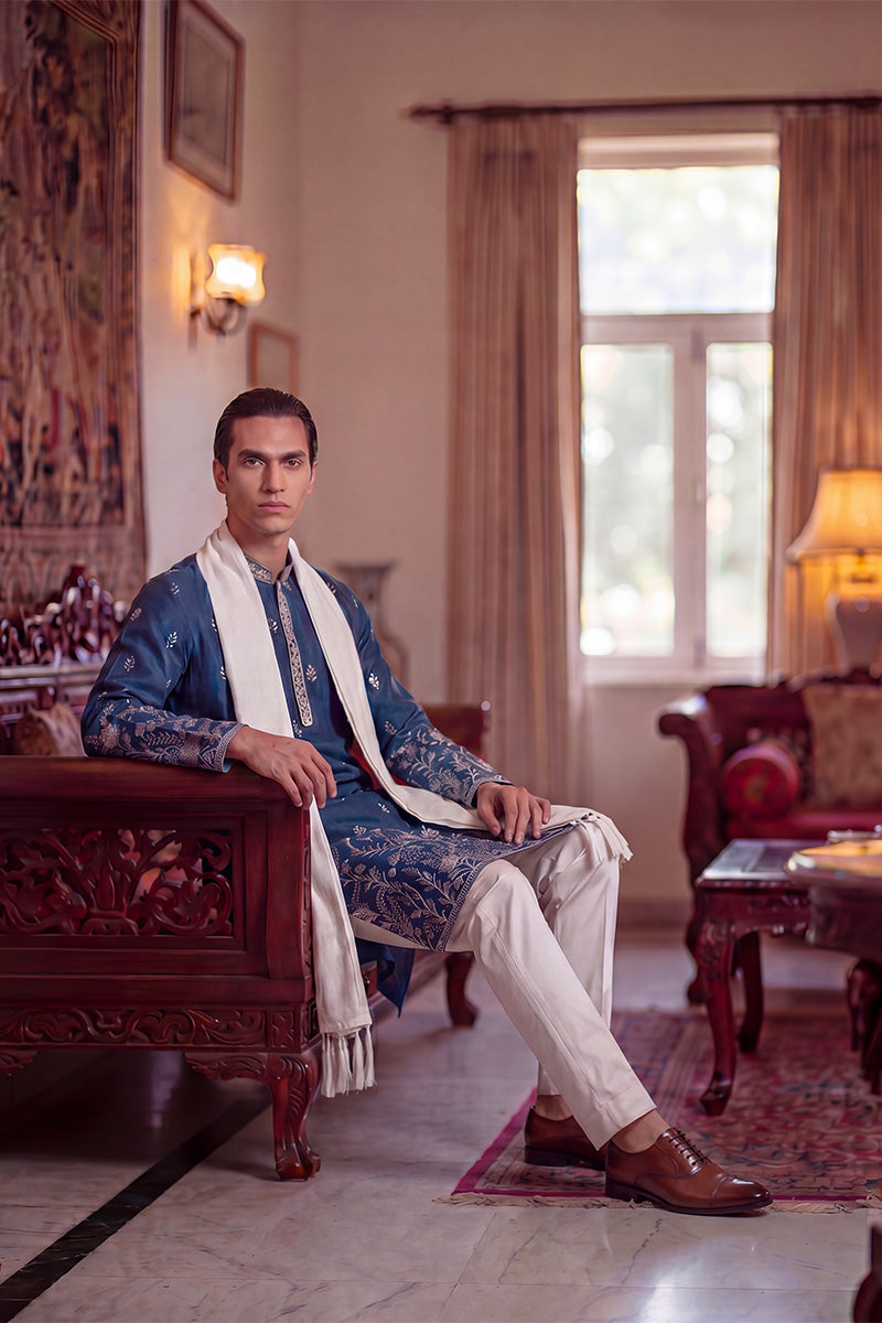 Blue Chanderi Silk Solid Embroidered Straight Kurta with Dupatta MKUD1315