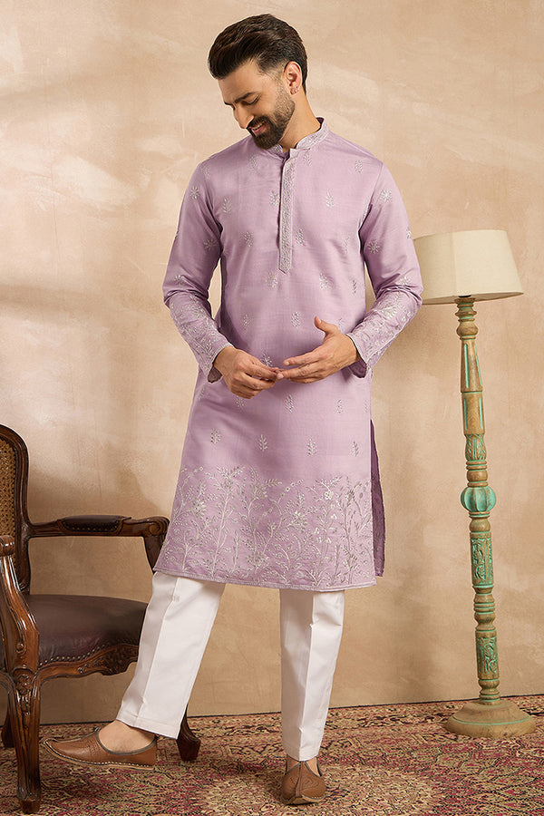 Lavender Silk Blend Floral Embroidered Straight Kurta MKU1781