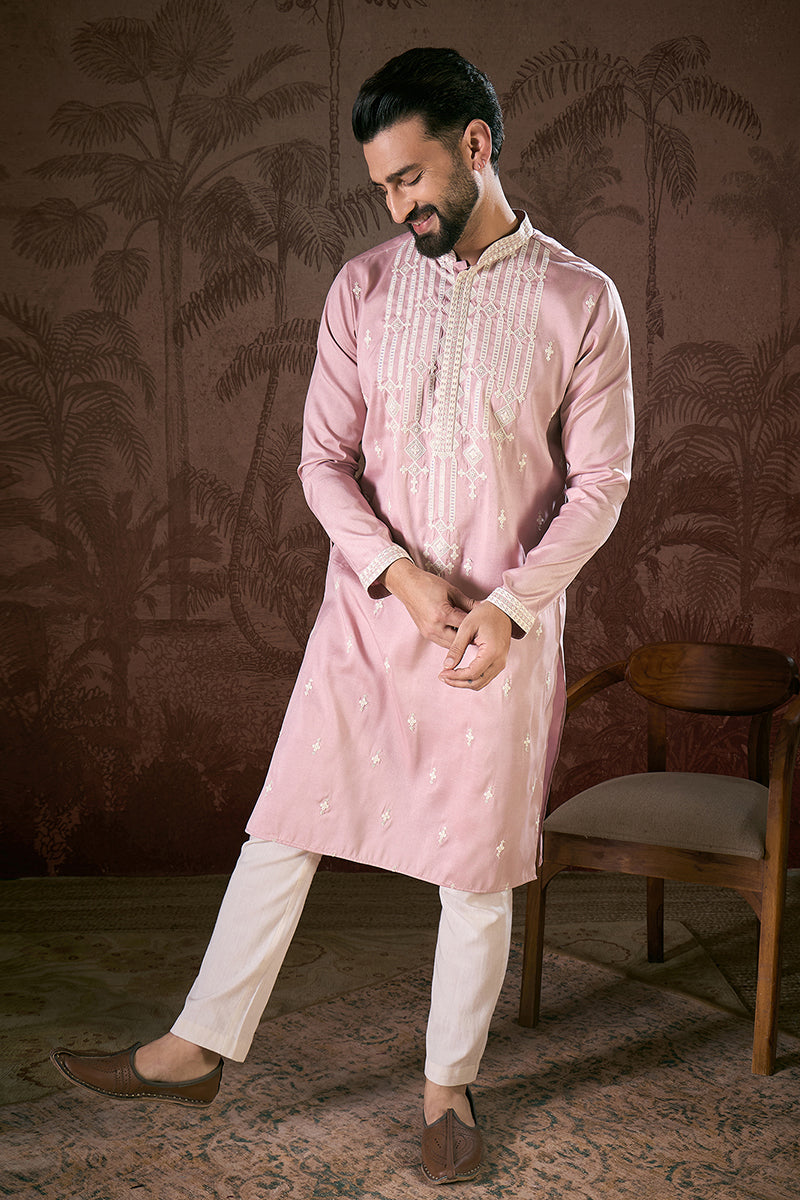 Pink Silk Blend Solid Embroidered Straight Kurta With Trouser MKSET1788