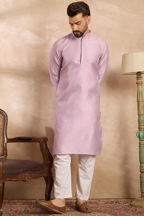 Lavender Polyester Solid Embroidered Straight Kurta With Trouser MKSET1736