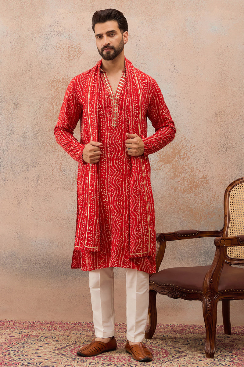 Red Viscose Rayon Bandhani Printed Mandarin Collar Kurta With Dupatta MKUD1081
