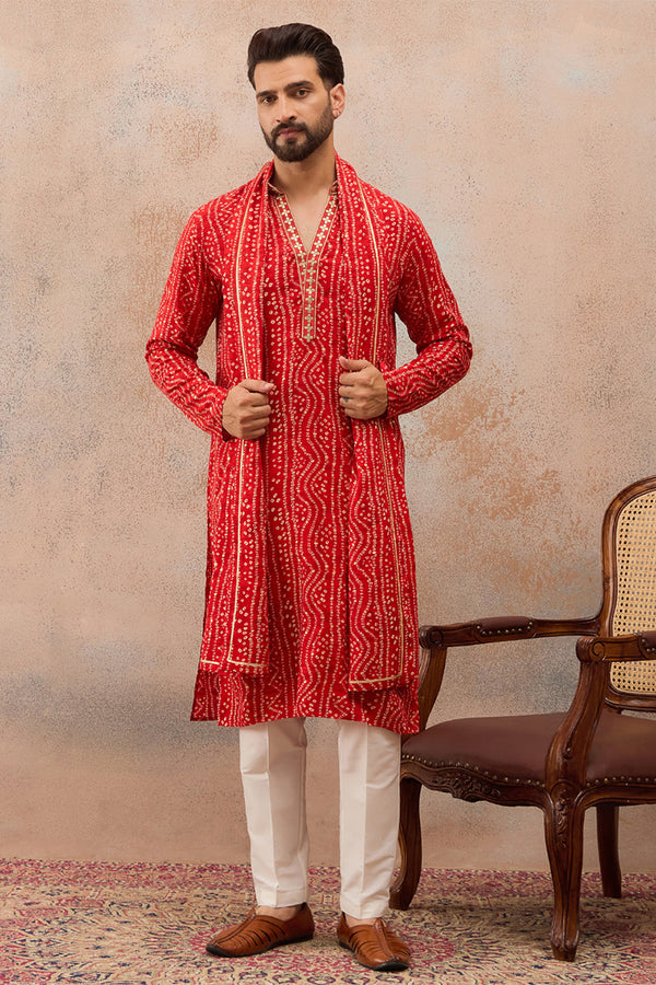 Red Viscose Rayon Bandhani Printed Mandarin Collar Kurta With Dupatta MKUD1081