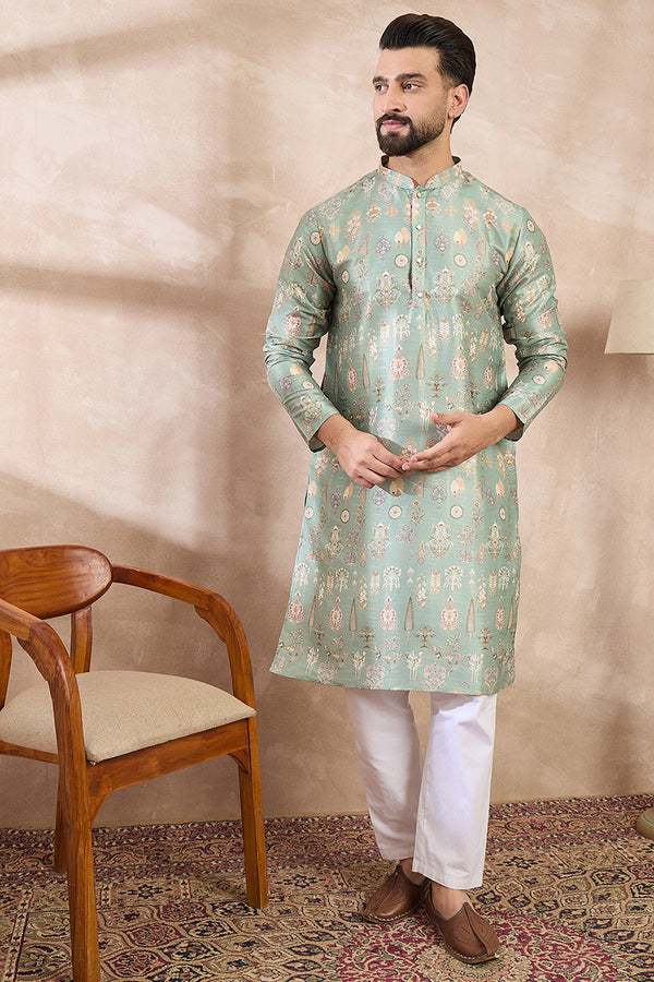 Green Silk Blend Floral Printed Straight Kurta With Trouser MKSET2011