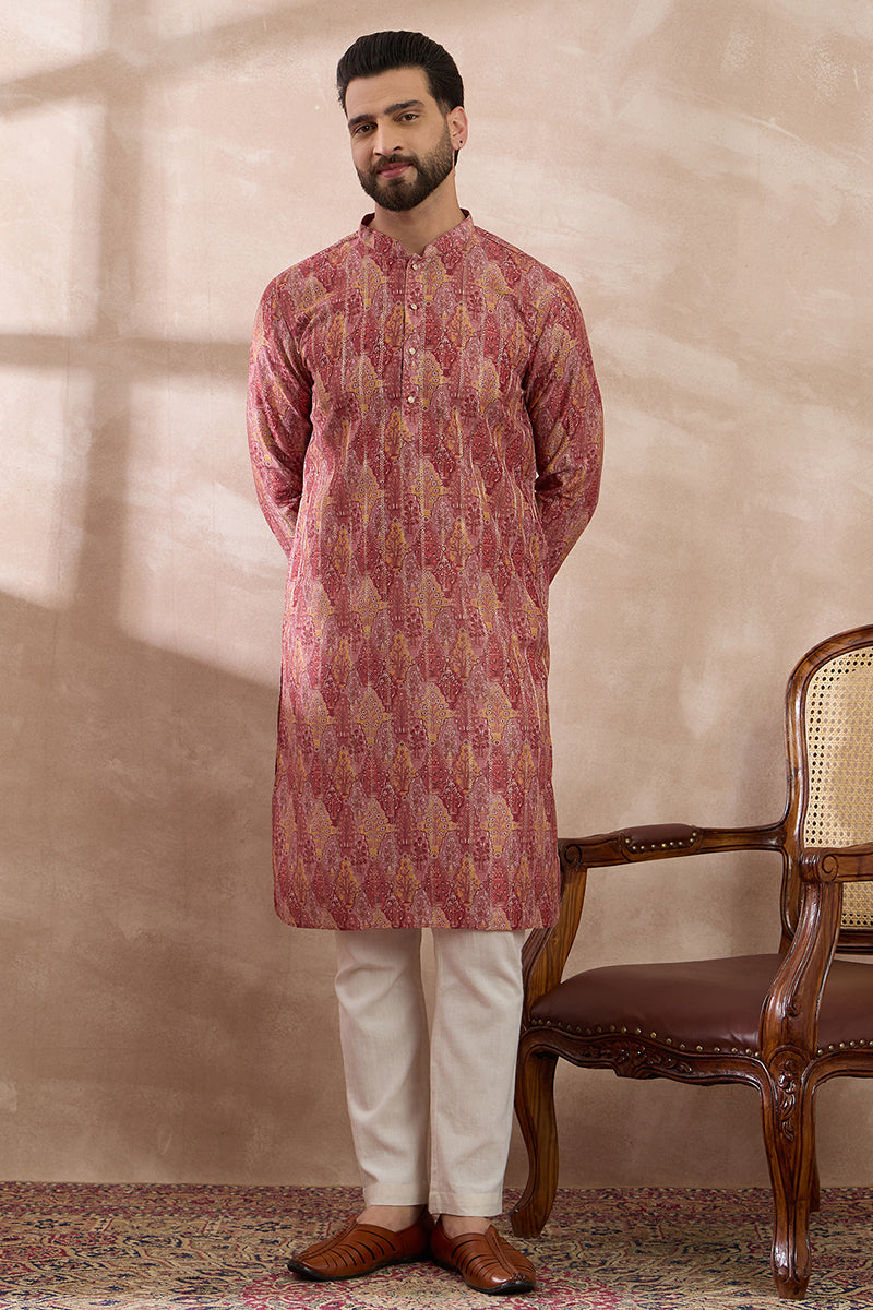 Pink Silk Blend Printed Mandarin Collar Straight Kurta MKU2054