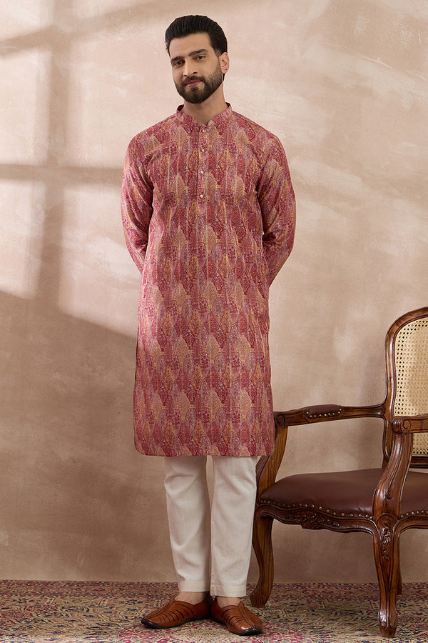 Pink Silk Blend Printed Mandarin Collar Straight Kurta MKU2054