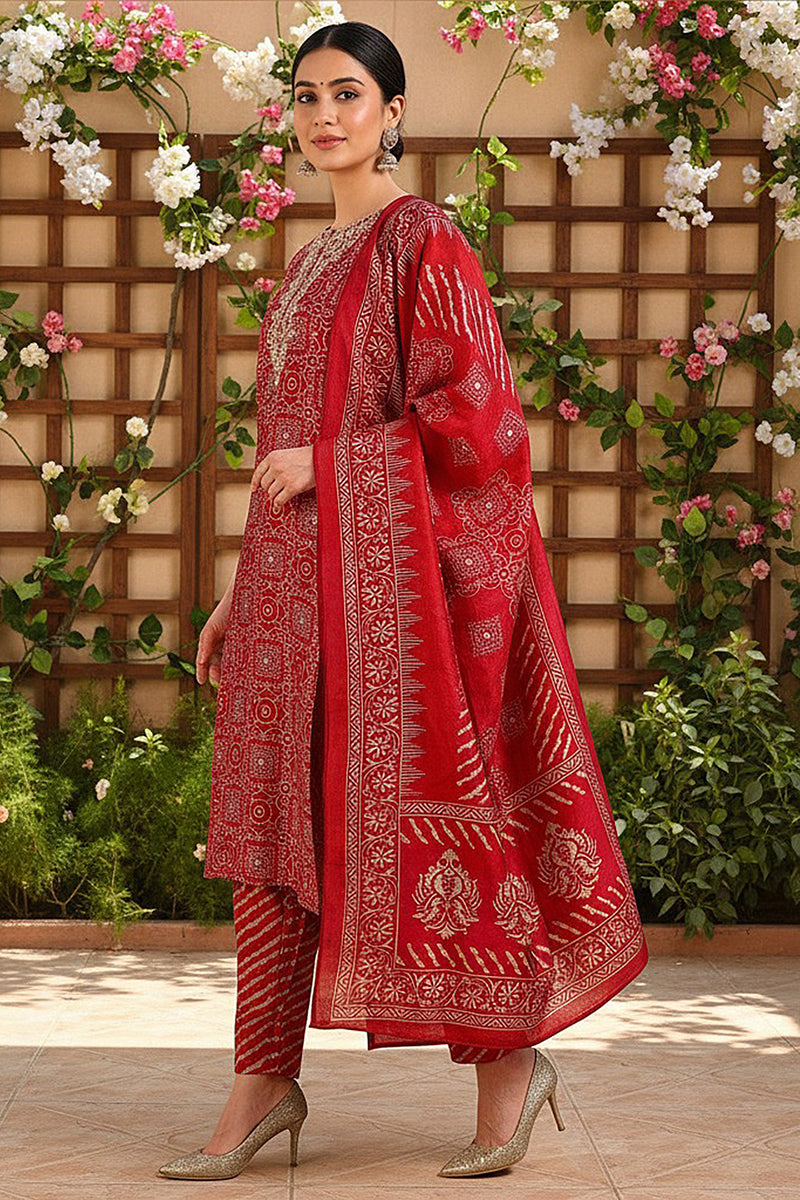 Maroon Silk Blend Ethnic Motifs Printed Straight Suit Set PKSKD2201
