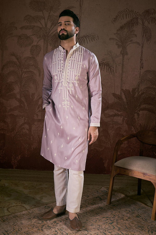 Lavender Silk Blend Solid Embroidered Straight Kurta MKU1880