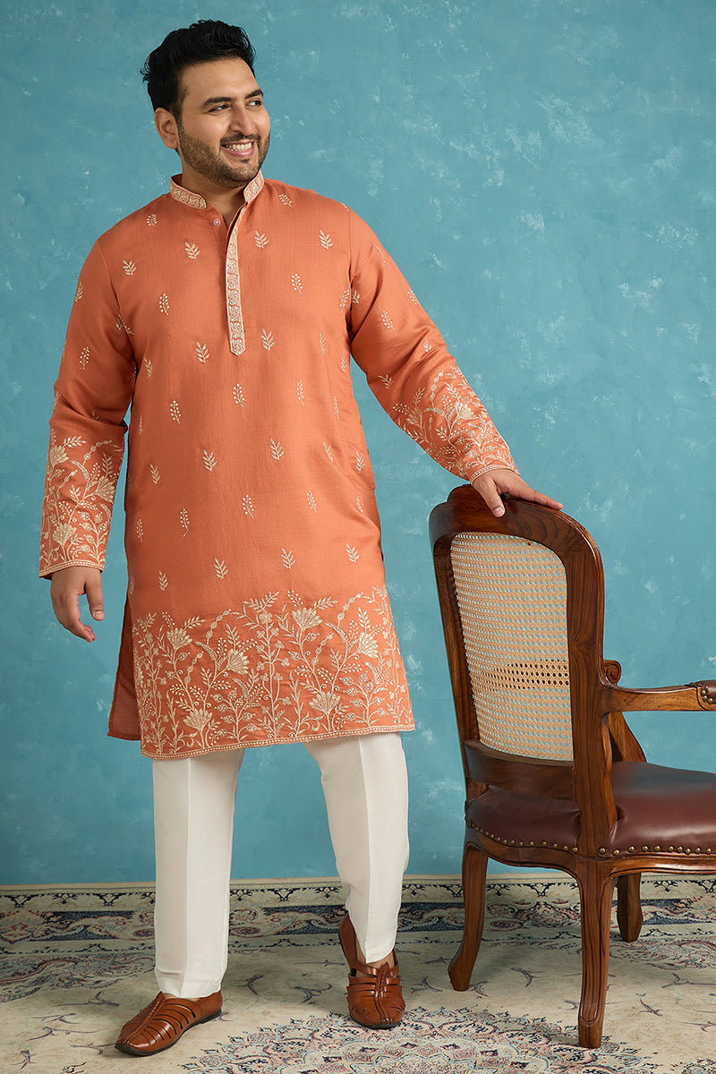 Peach Silk Blend Solid Thread Work Embroidered Kurta MKU1935