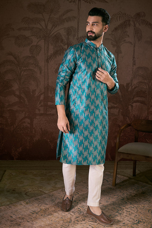 Turquoise Blue Silk Blend Chevron Printed Straight Kurta With Trouser MKSET1916