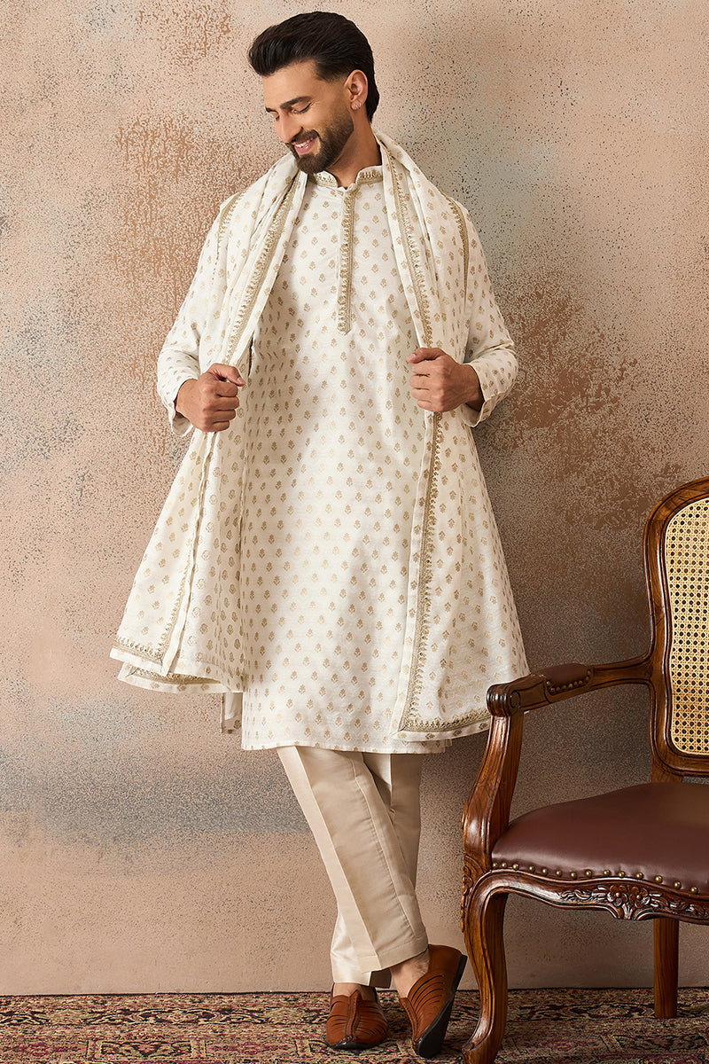 White Jacquard Woven Design Floral Straight Kurta with Dupatta MKUD1049