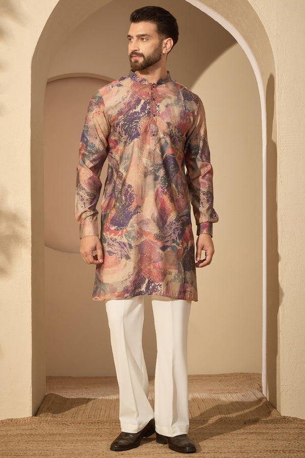Multi Silk Blend Abstract Printed Mandarin Collar Kurta With Trouser MKSET2621