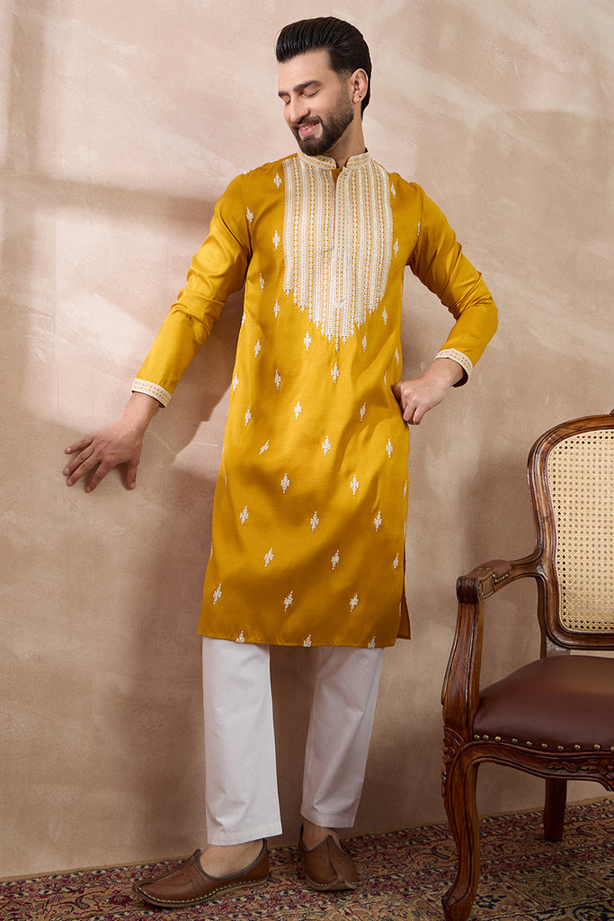 Yellow Silk Blend Embroidered Mandarin Collar Straight Kurta With Trouser MKSET1794