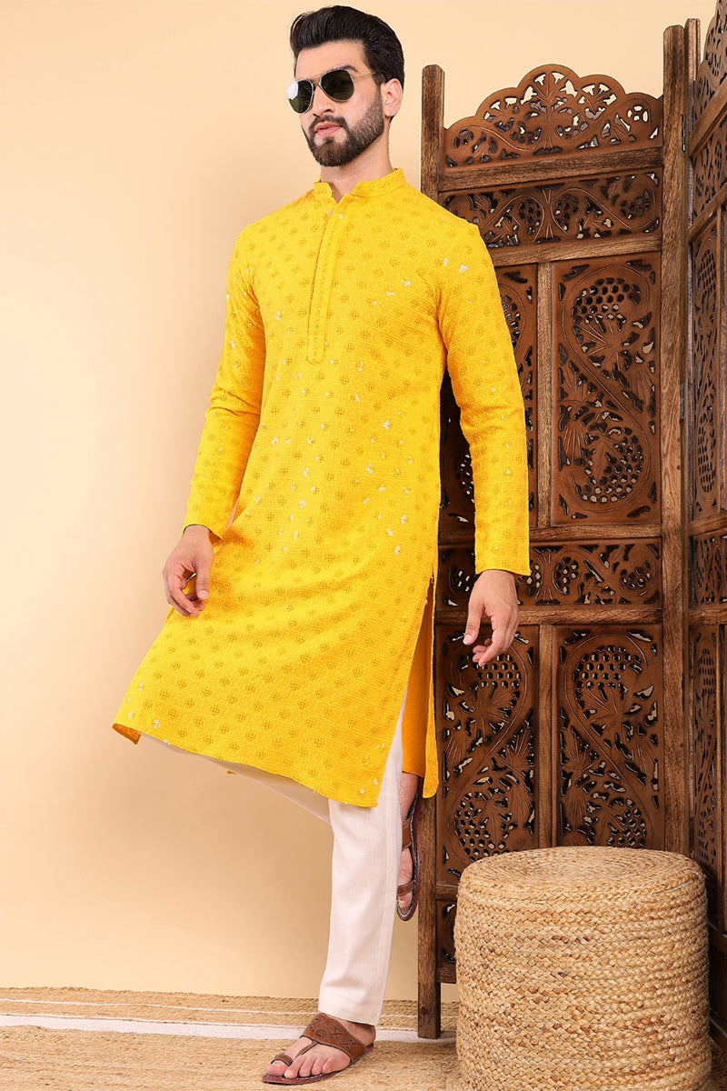 Ethnic Bay Yellow Viscose Rayon Solid Embroidered Straight Kurta For Men MKU1010YLW