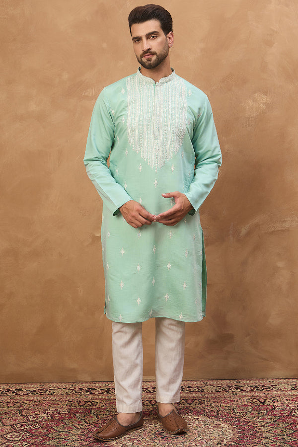 Blue Silk Blend Solid Embroidered Straight Kurta MKU1511