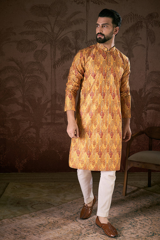 Mustard Silk Blend Ethnic Motifs Printed Straight Kurta MKU1925