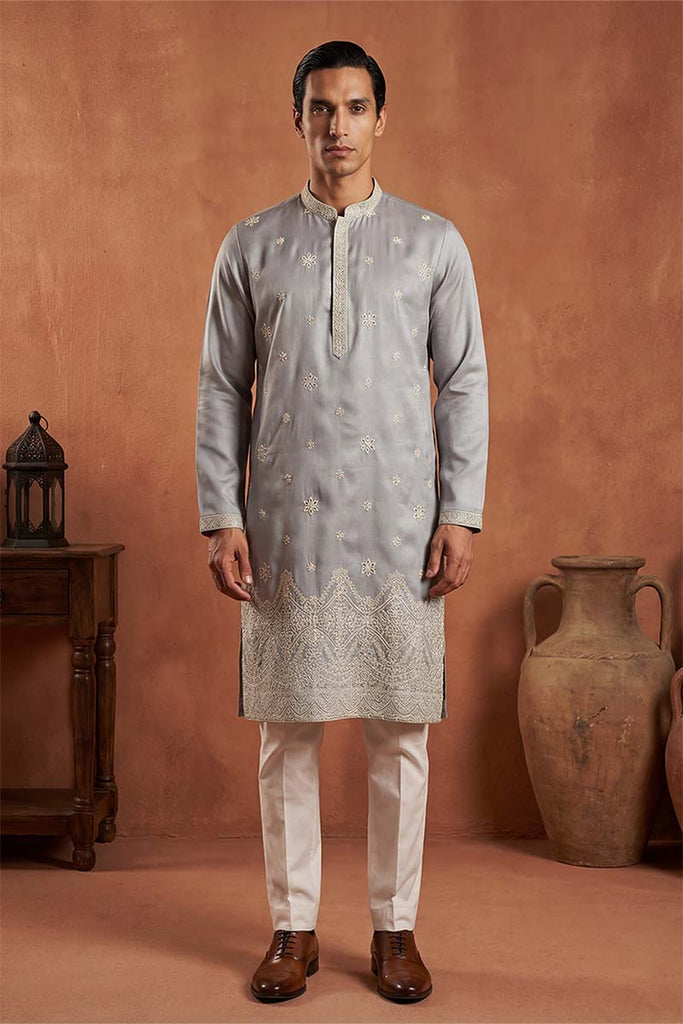 Blue Silk Blend Solid Embroidered Kurta With Trousers MKSET2175
