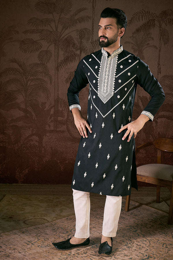 Black Silk Blend Solid Embroidered Straight Kurta With Trouser MKSET1886