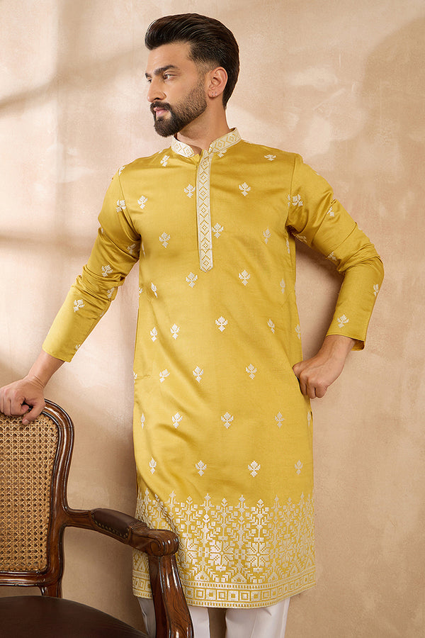 Yellow Polyester Solid Embroidered Straight Kurta With Trouser MKSET1809
