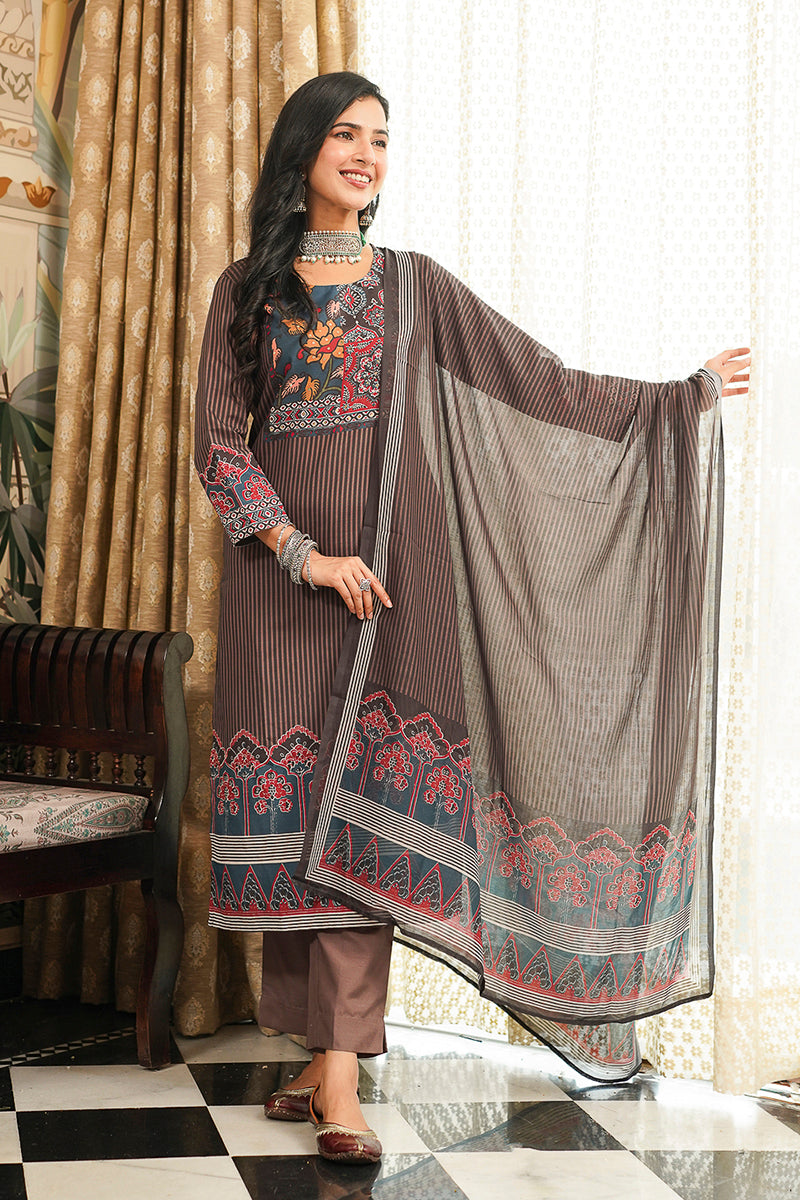 Brown Cotton Blend Ethnic Motifs Printed Straight Kurta Trousers With Dupatta PKSKD3072
