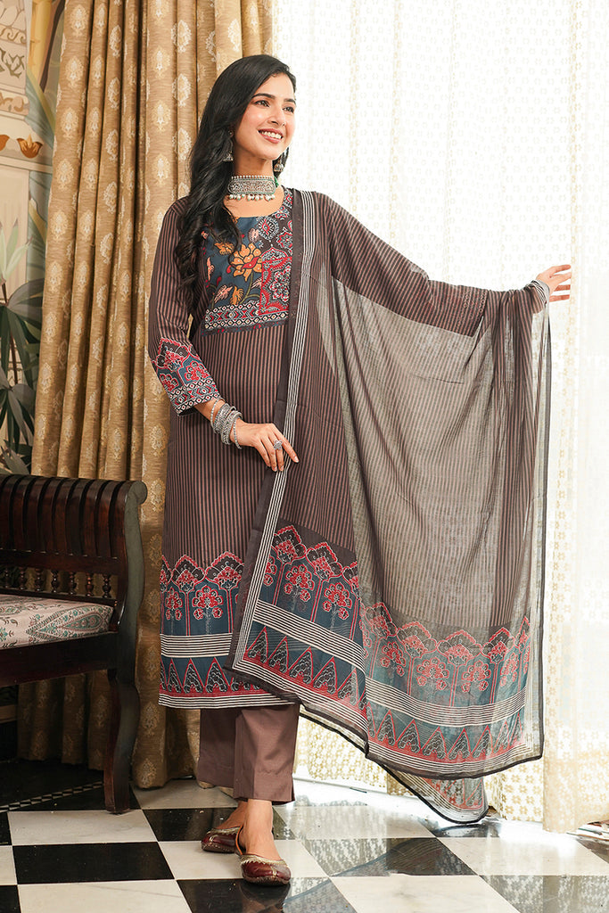 Brown Cotton Blend Ethnic Motifs Printed Straight Kurta Trousers With Dupatta PKSKD3072