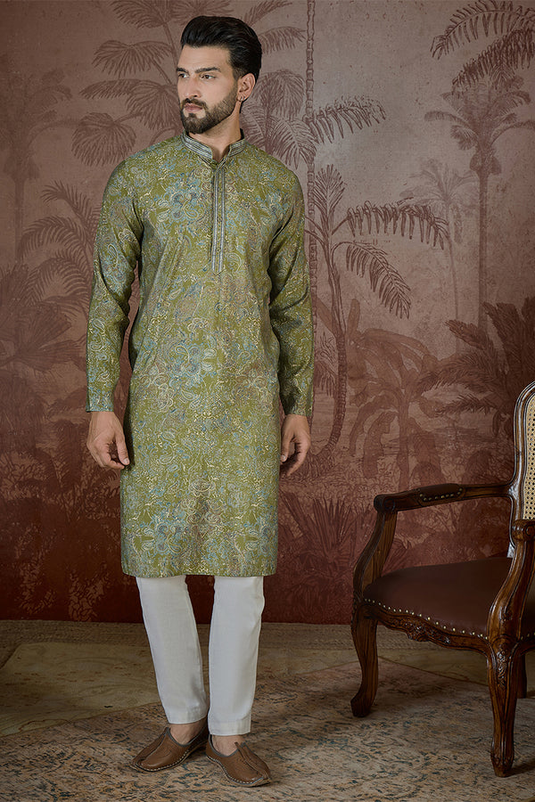 Green Silk Blend Ethnic Motifs Embroidered Kurta With Trouser MKSET2503