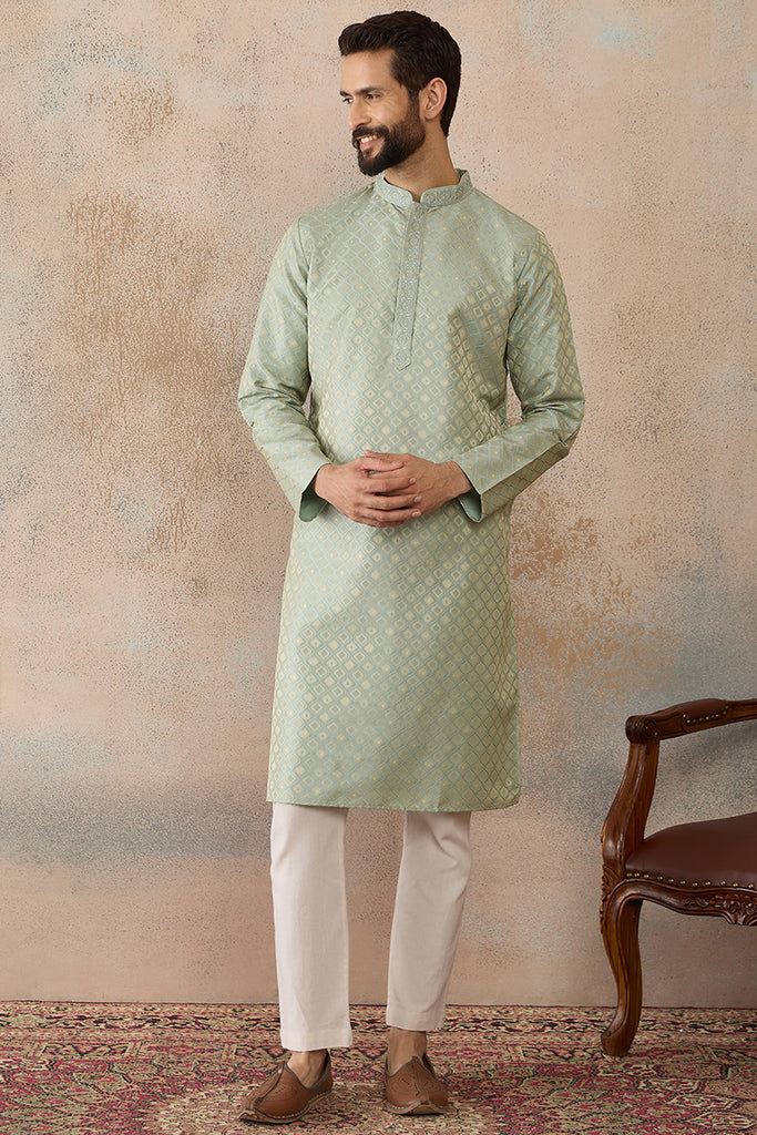 Teal Jacquard Ethnic Motifs Embroidered Kurta With Trouser MKSET2240