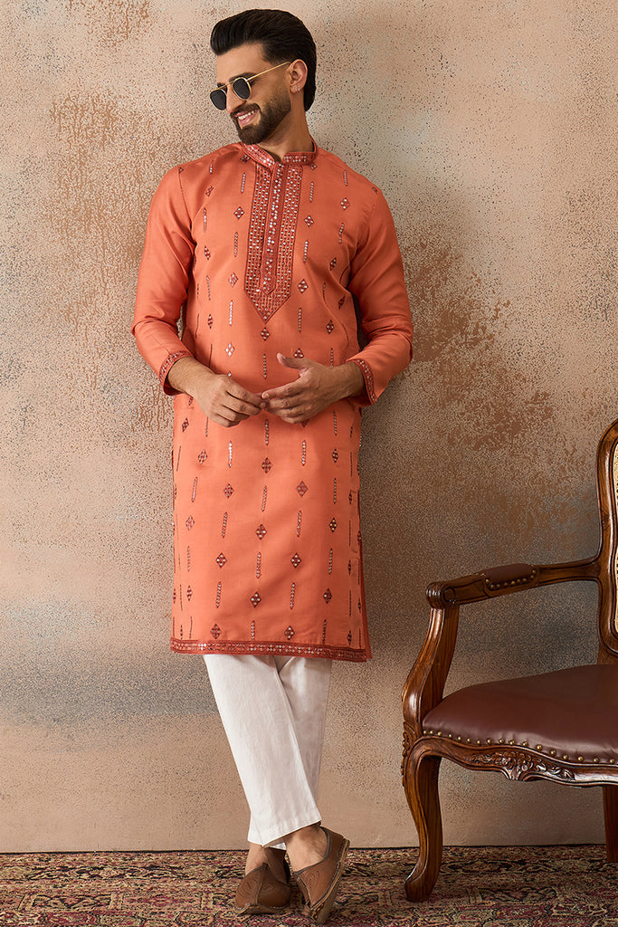 Orange Silk Blend Solid Embroidered Kurta MKU2258