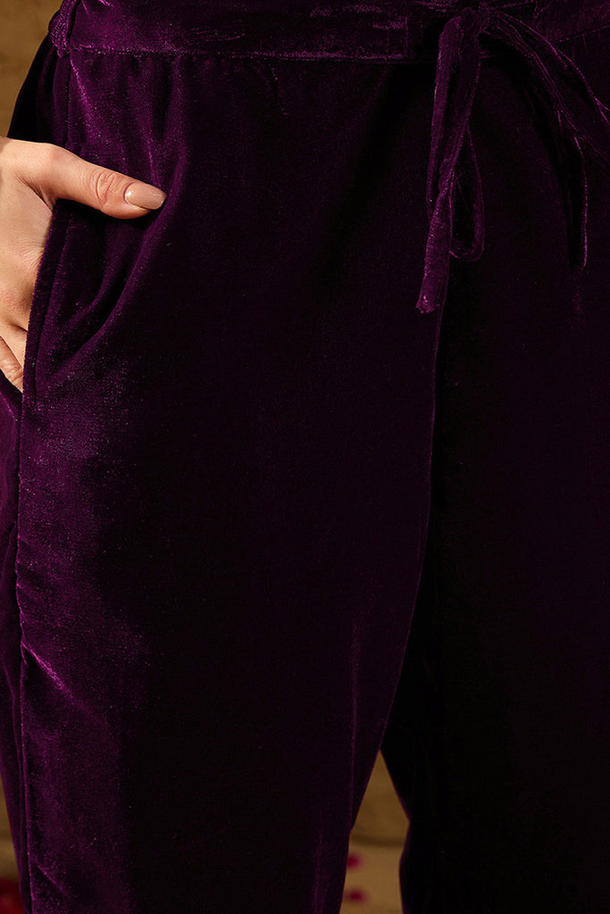 Purple Velvet Ethnic Motifs Printed Straight Trousers Suit Set PKSKD2883