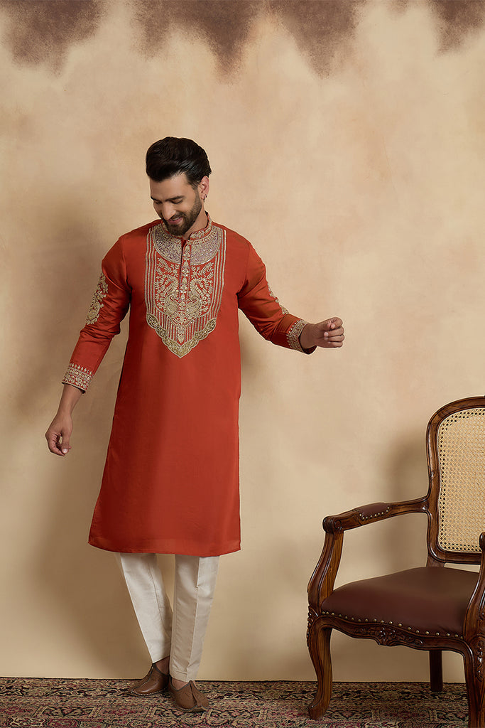 Orange Silk Blend Solid Embroidered Kurta MKU2449