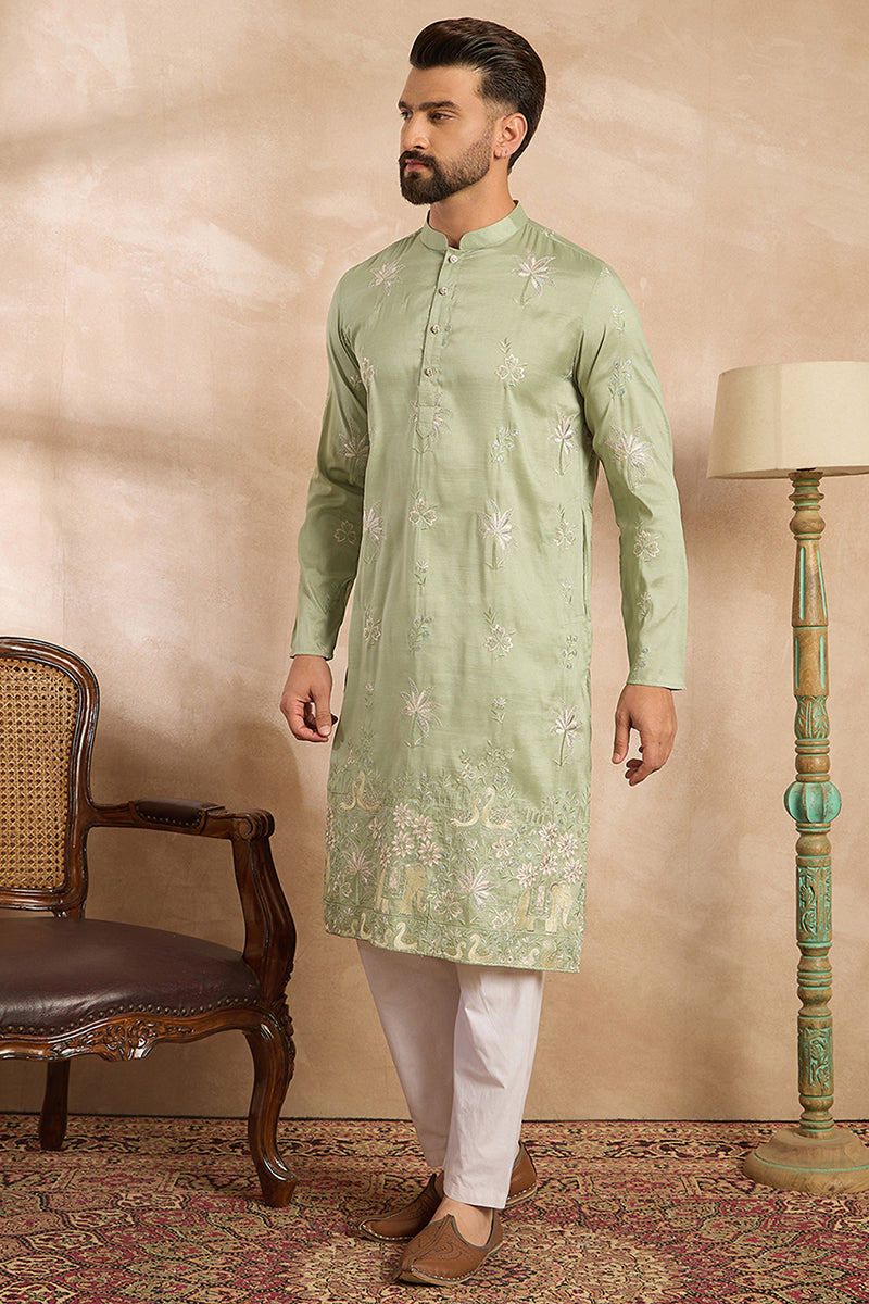 Olive Silk Blend Solid Embroidered Straight Kurta With Trouser MKSET1682