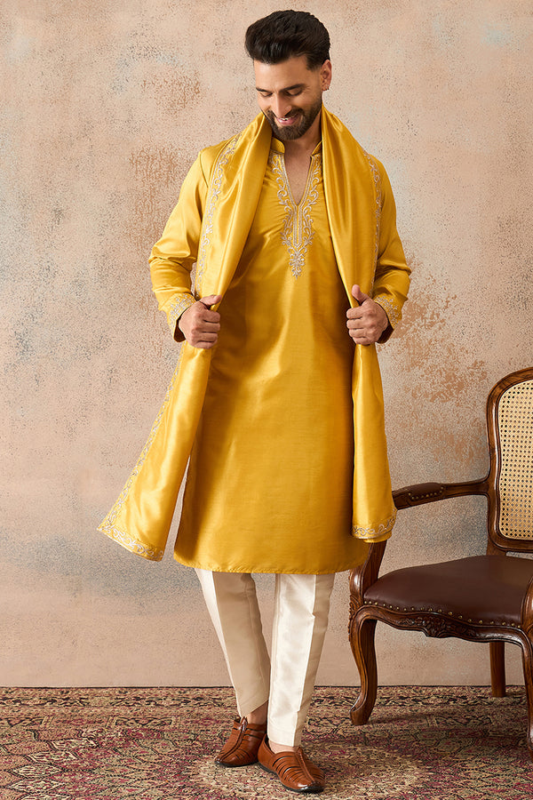 Yellow Silk Blend Solid Embroidered Kurta & Trouser With Dupatta MKPD1022