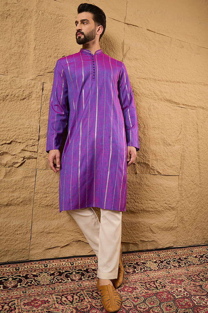Purple Pure Cotton Solid Embroidered Straight Kurta with Trouser MKSET1194