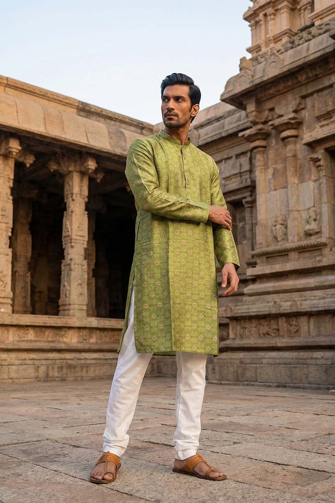 Green Silk Blend Printed Straight Kurta With Trousers MKSET1910
