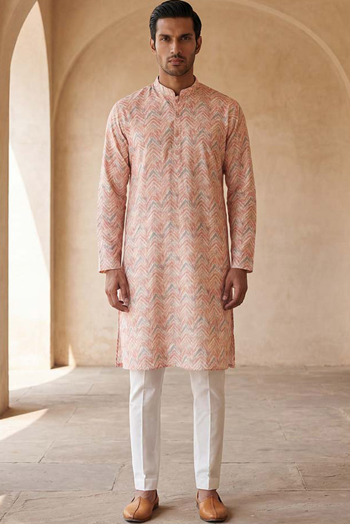 Peach Cotton Blend Chevron Embroidered Kurta MKU2069
