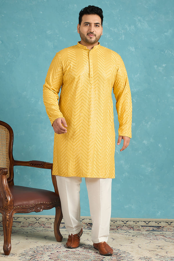 Yellow Viscose Rayon Solid Thread Work Embroidered Kurta MKU1204
