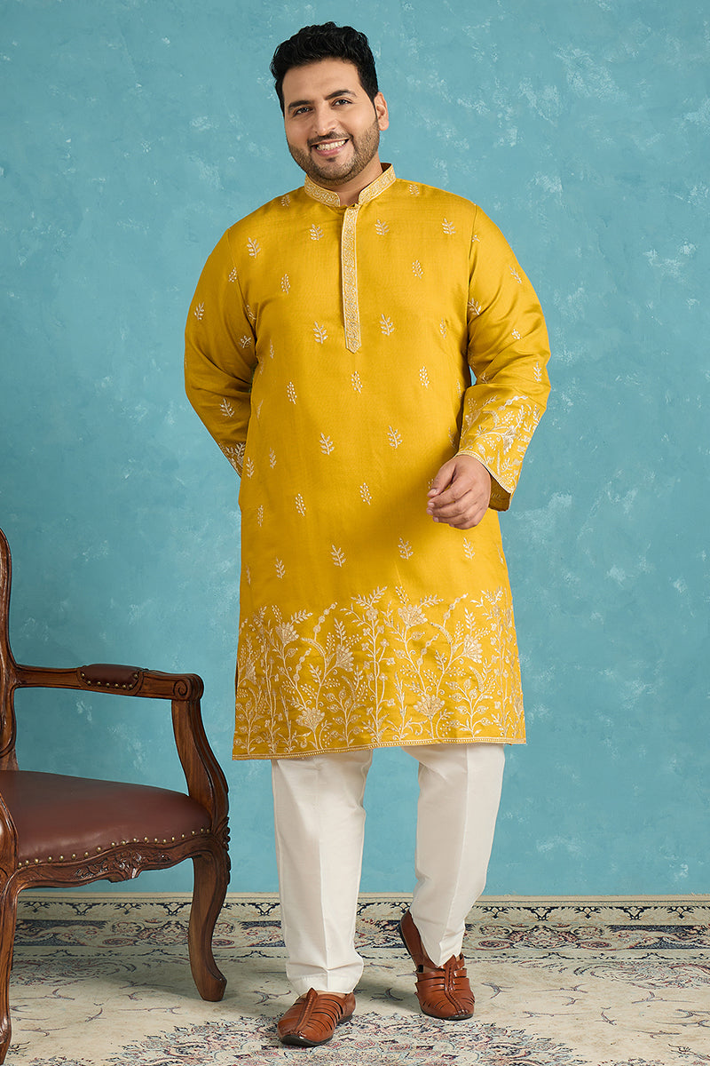 Yellow Silk Blend Solid Thread Work Embroidered Kurta MKU1314